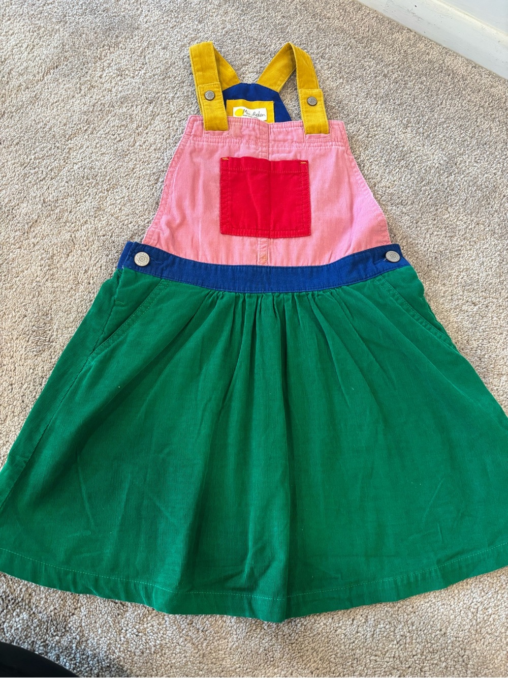 Mini Boden blue and yellow overalls with pink detail